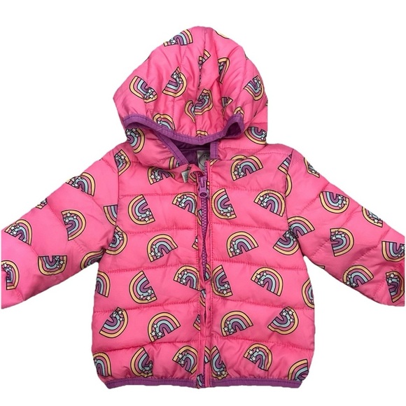 Baby Girl Pink Winter Jacket With Rainbows Size 6-9 Months - Picture 1 of 3